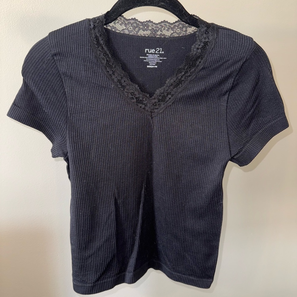 Black Lace V Neck Short Sleeve Top